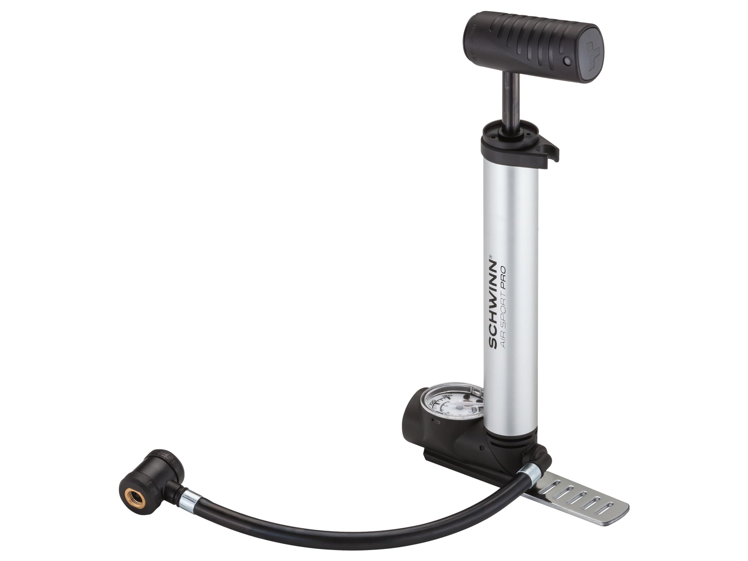 Schwinn Air Sport Pro Mini Foot to Floor Frame Bike Pump With Pressure Gauge Pumps 120 Max PSI Dual Head Fits Both Schrader and Presta Valve Types Silver