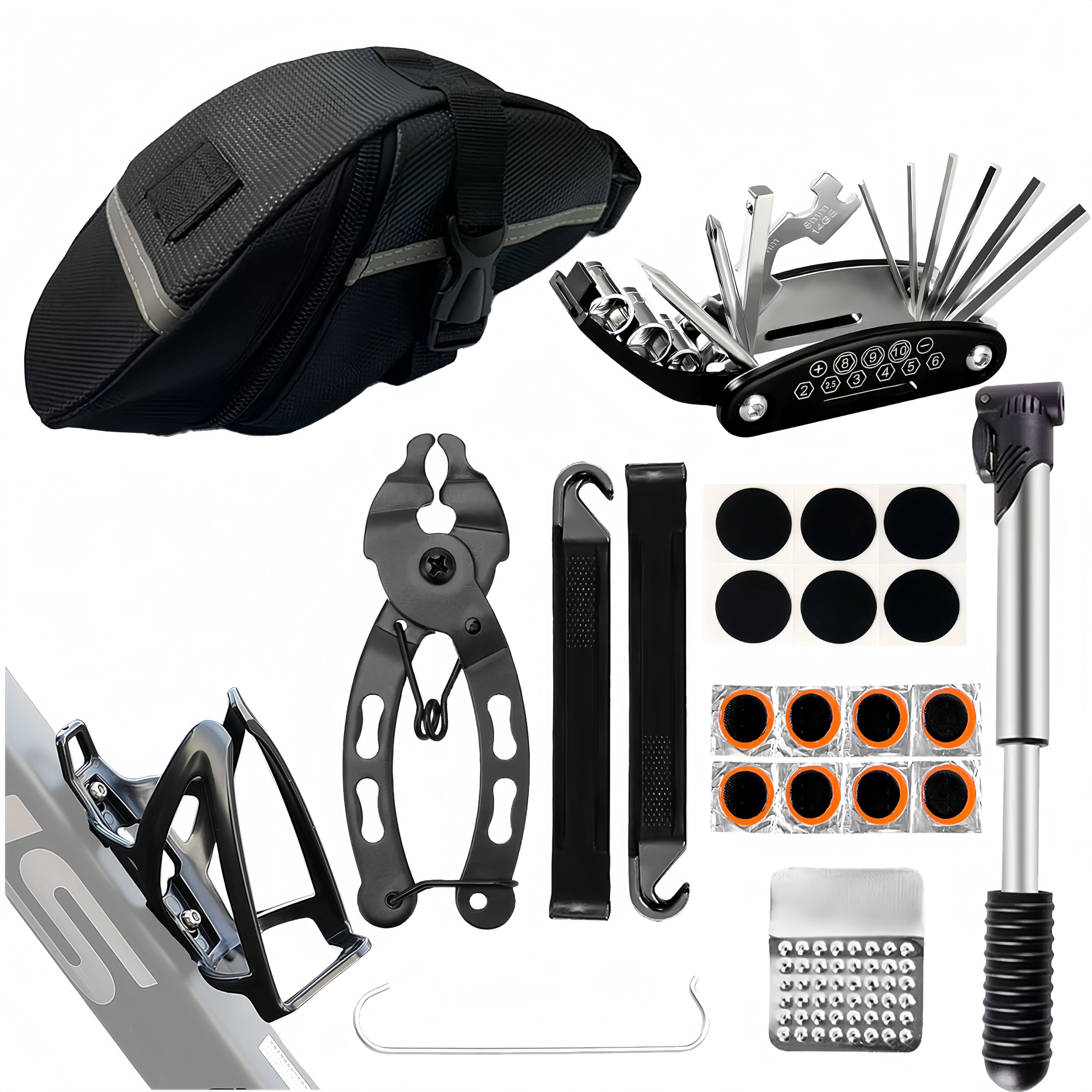 Bicycle Repair Bag Bike Tool Kit & Saddle Bag with Tire Pump Portable Tool Kit for Camping Travel-16-in-1 Bike Multitool Chain Tool Tire Patches Inflator Holder Use for Mountain/Road Bike