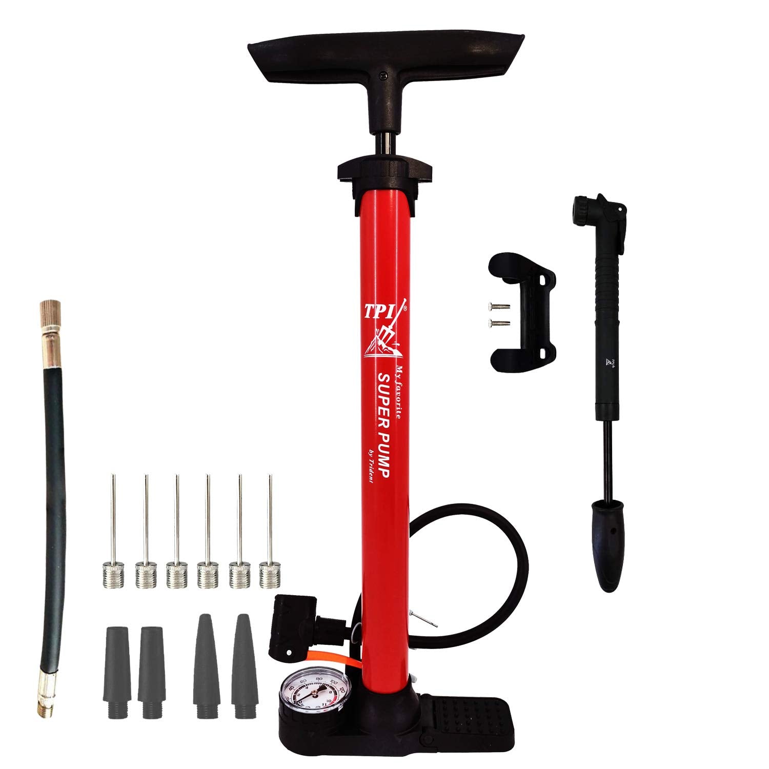 TPI Hand Bike Pump with Schrader and Presta Anti-Slip Foot Pad High Pressure Durable Hose of Choice Red Choose Your Option